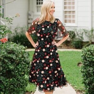 Draper James Black Embroidered Tulle Midi Dress sz 12